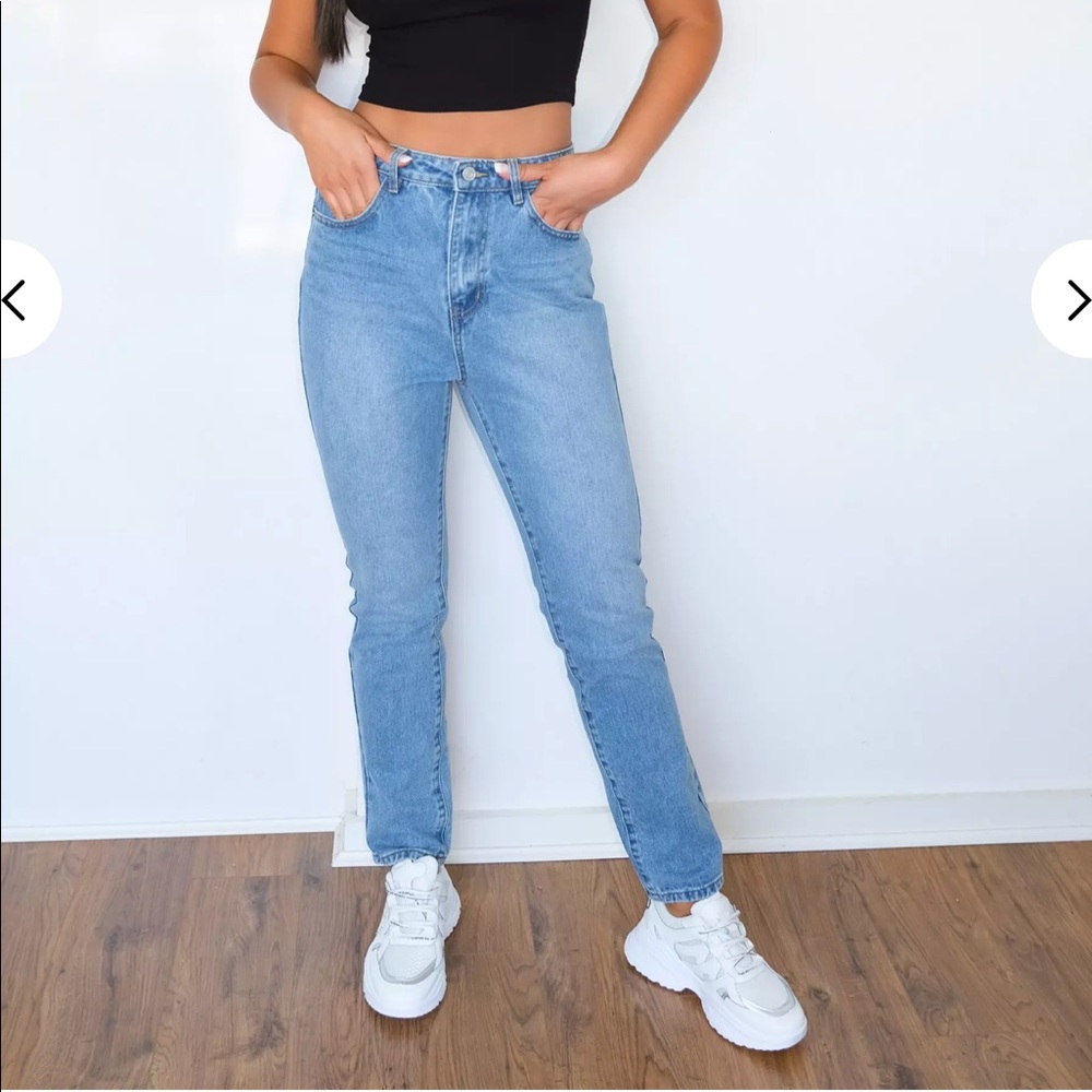 Blue high waisted slim straight leg jeans